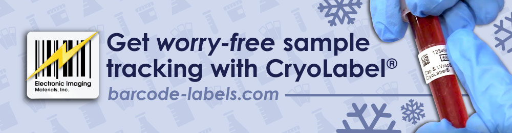 Biological phlebotomy specimen tube labeled with a CryoLabel in gloved hand with text on left: "Get worry-free sample tracking with CryoLabel"