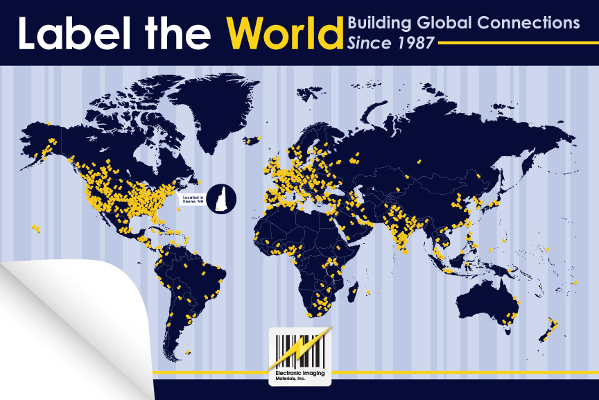 Electronic Imaging Materials, Inc. pushpin board graphic titled, "Label the World: Making Global Connections Since 1987"