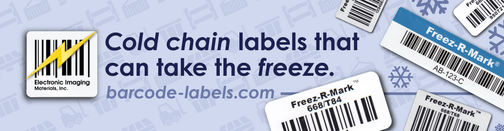 Graphic titled, "Cold chain labels that can take the freeze." With Freez-R-Mark barcode labels spread out