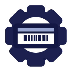 Barcode label with a blue color bar overlapping a gear icon
