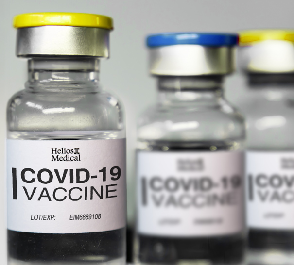 Labeled glass COVID-19 vaccine vials
