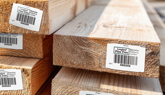 Printed custom tags stapled onto lumber stacked outdoors