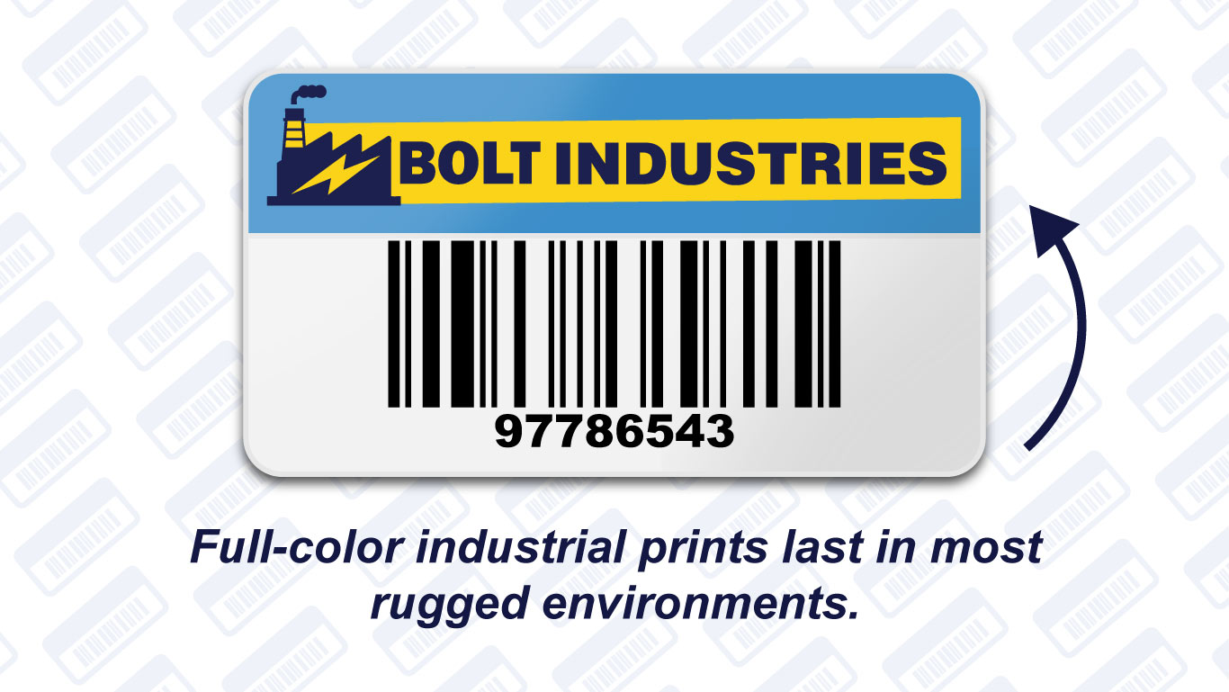 Full color printed label illustration with color bar and logo with text underneath that says, "Full-color industrial prints last in most rugged environments"