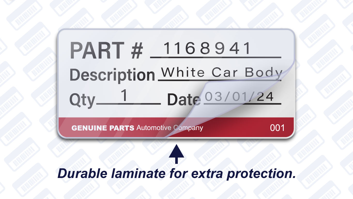 Full color laminated industrial label illustration with text underneath that says, "Durable laminate for extra protection."