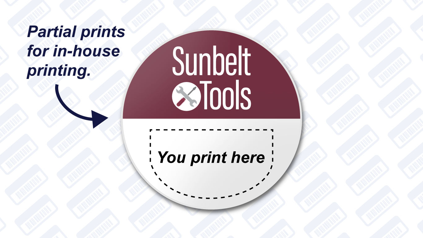 Partial printed circle label illustration with text on the side that says, "Partial prints for in-house printing."