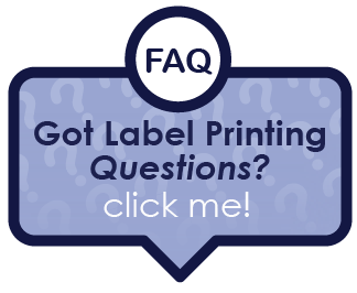 Blue icon of a message block with text inside that says, "Got Label Printing Questions? Click me!"