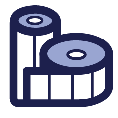 Blue and white outline icon of a thermal transfer printer ribbon and label roll