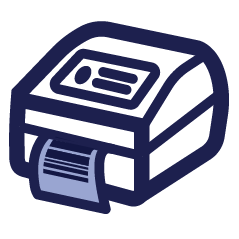 Blue and white outline icon of a barcode label printer printing out a label
