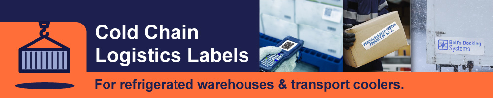 Banner graphic featuring the text 'Cold Chain Logistics Labels' with accompanying text 'For refrigerated warehouses and transport coolers'.