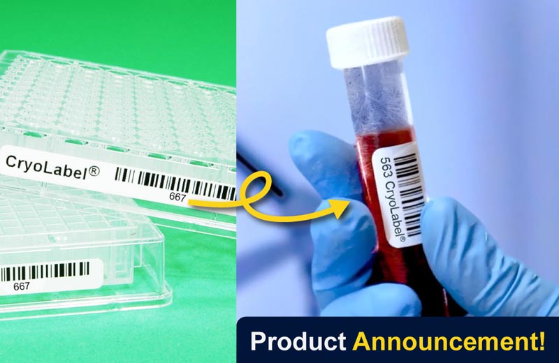 CryoLabel® labeled microplates with an arrow pointing to a cryogenic frozen labeled test tube being held by a gloved hand.