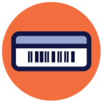 White and blue printed asset label inside orange circle icon.