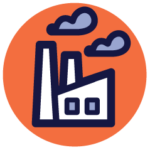 White and blue industrial factory inside orange circle icon.