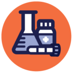 White and blue lab beakers inside orange circle icon.