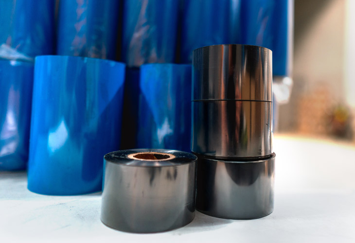 Stacks of blue and black thermal transfer printer ribbons